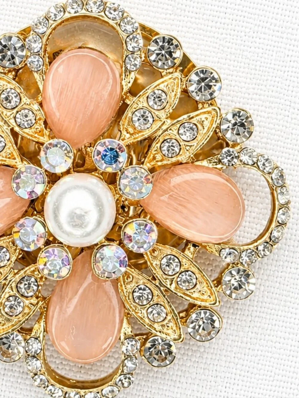 💎Gold Tone Pink Rhinestone Pearl Flower Brooch Pin Vintage Style Statement 3D
